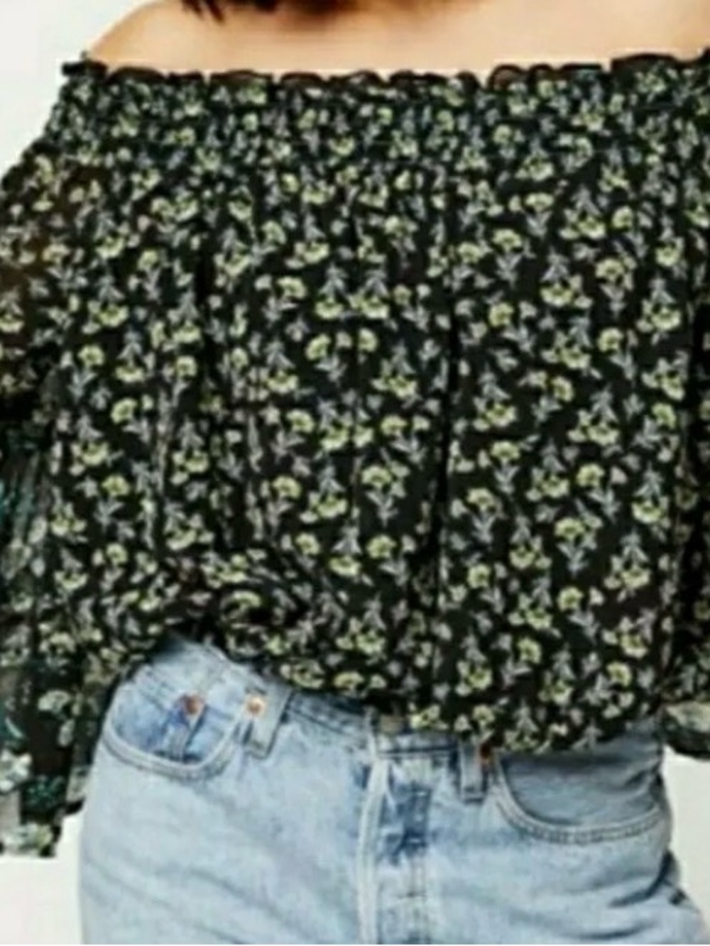 Free People Black Off-Shoulder Floral Peasant Top